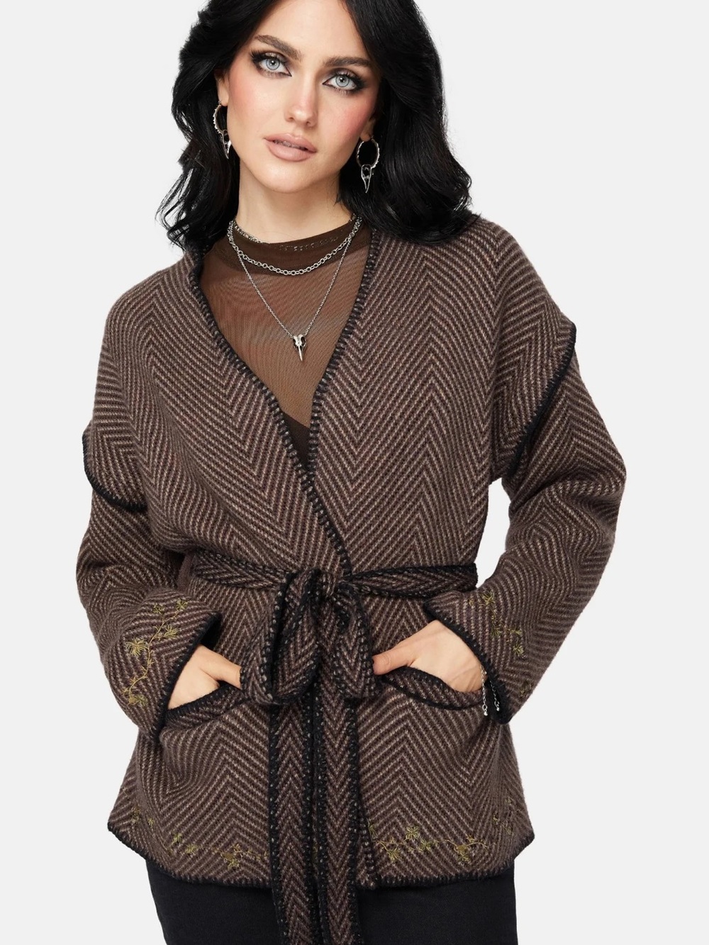 Disturbia - Brown Herringbone Belted Wrap Sweater NWOT